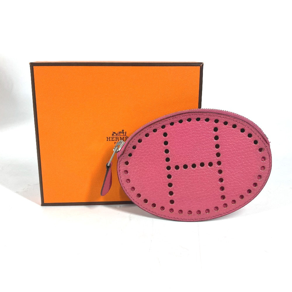 HERMES Coin case leather pink H logo Evelyn