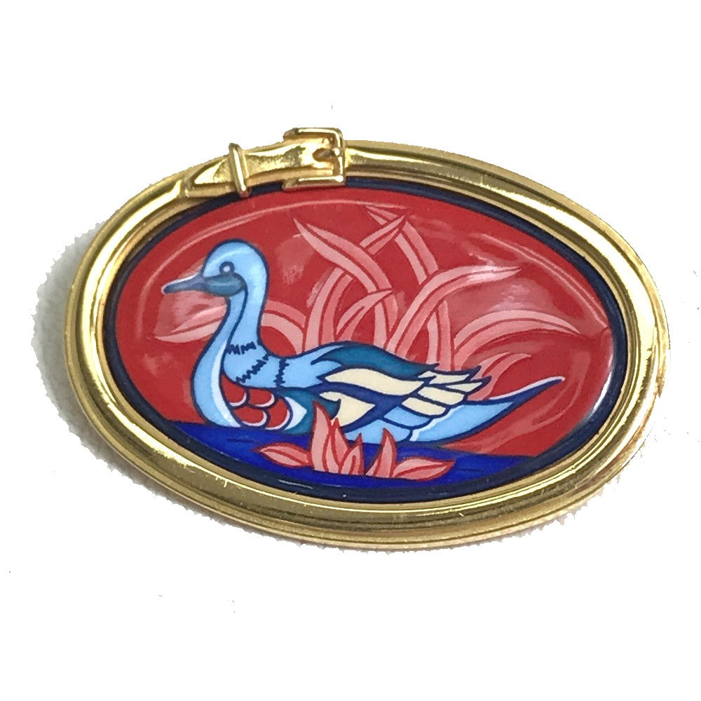 HERMES Brooch Gold Plated Gold x red Bird bird motif