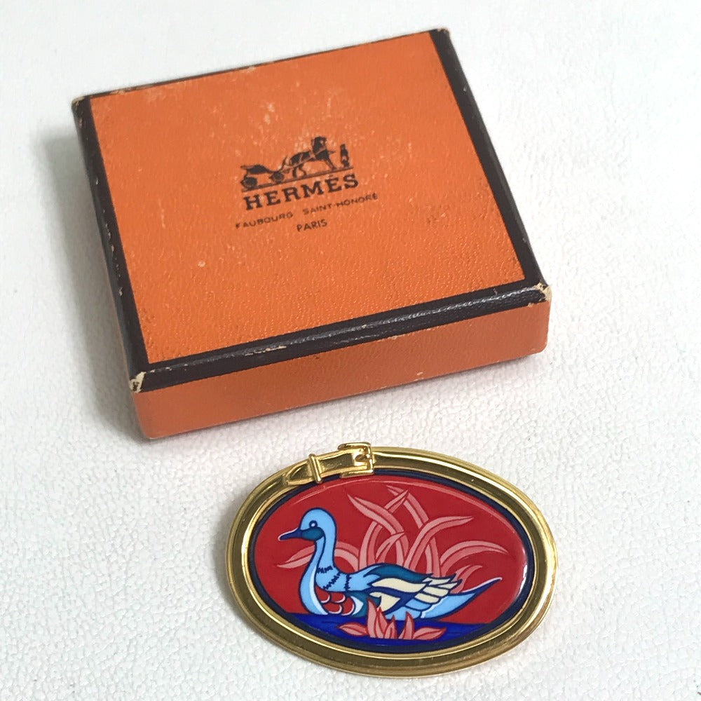 HERMES Brooch Gold Plated Gold x red Bird bird motif