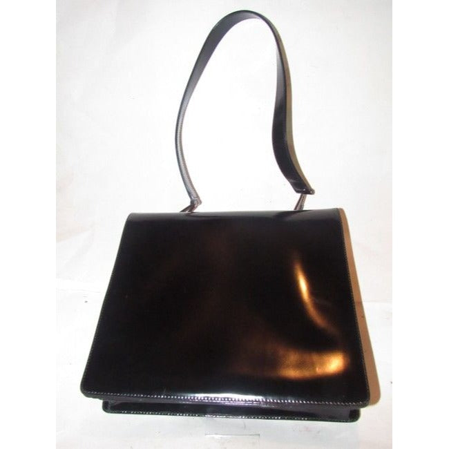 Gucci Vintage Pursesdesigner Purses Black Glossy Leather With Large Horse Bit Accent Satchel