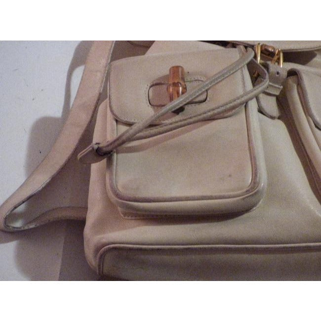 Gucci And Bamboo Handle White Leather Backpack