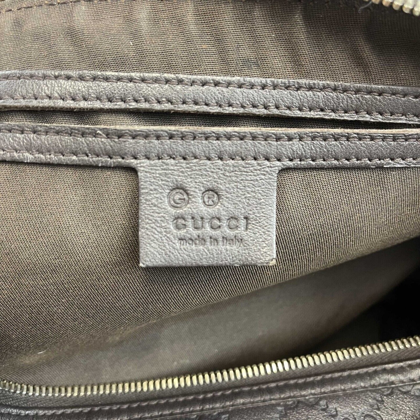 GUCCI - Embossed Leather Monogram Speedy Medium Brown Top Handle Bag