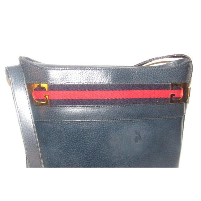 Gucci Blue Hard Boxy Leather Bucket Bag w red/blue stripe