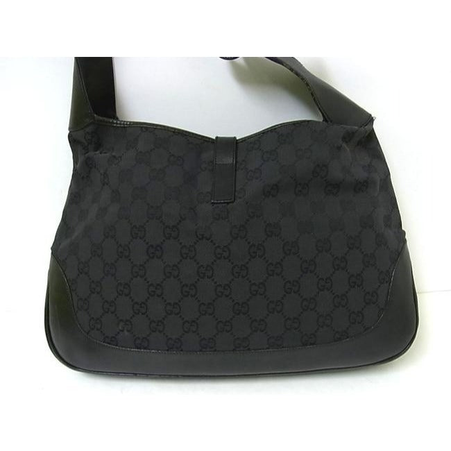 Gucci Jackie New O Logo Black Charcoal Gray Leather Canvas Hobo Bag