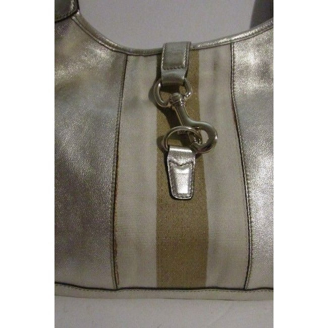 Gucci New Jackie Triangular Shaped Metallic Leather Hobo Bag W Wide Sherry Stripe