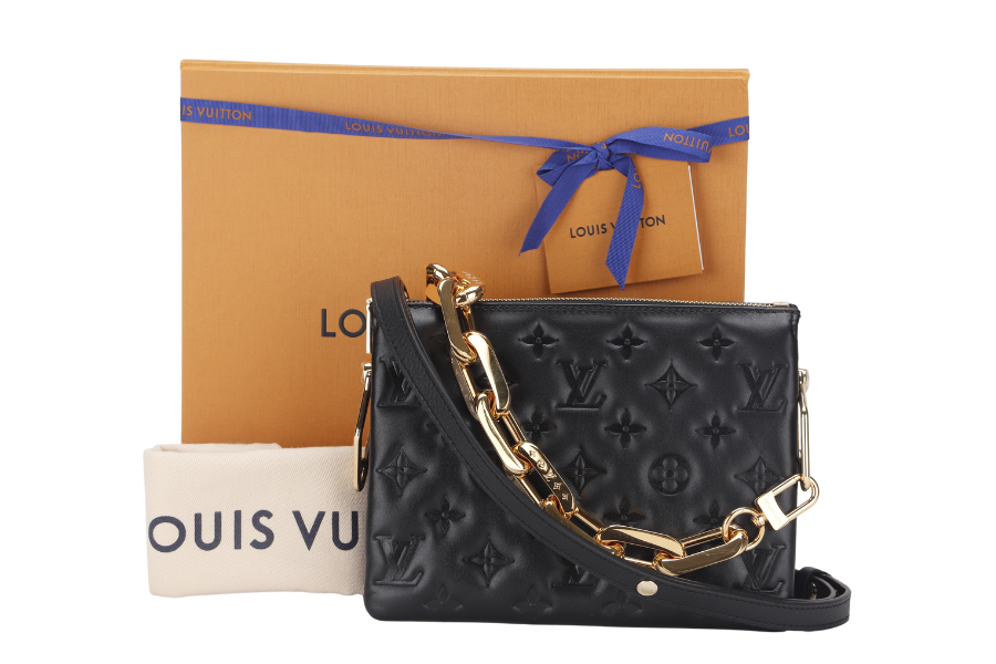 LOUIS VUITTON COUSSIN BB NOIR MONOGRAM EMBOSSED PUFFY LAMBSKIN (M21259) GOLD HARDWARE WITH CHAIN, STRAP, DUST COVER AND BOX