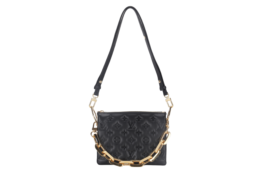 LOUIS VUITTON COUSSIN BB NOIR MONOGRAM EMBOSSED PUFFY LAMBSKIN (M21259) GOLD HARDWARE WITH CHAIN, STRAP, DUST COVER AND BOX