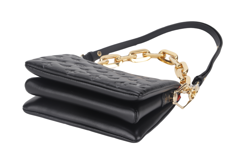 LOUIS VUITTON COUSSIN BB NOIR MONOGRAM EMBOSSED PUFFY LAMBSKIN (M21259) GOLD HARDWARE WITH CHAIN, STRAP, DUST COVER AND BOX