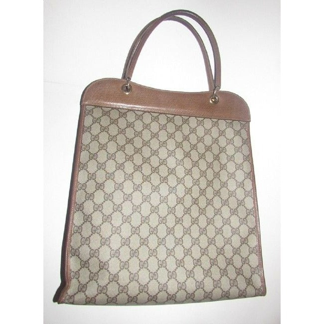 Gucci Vintage Brown Large G Logo Print Coated Canvas And Brown Leather Tote