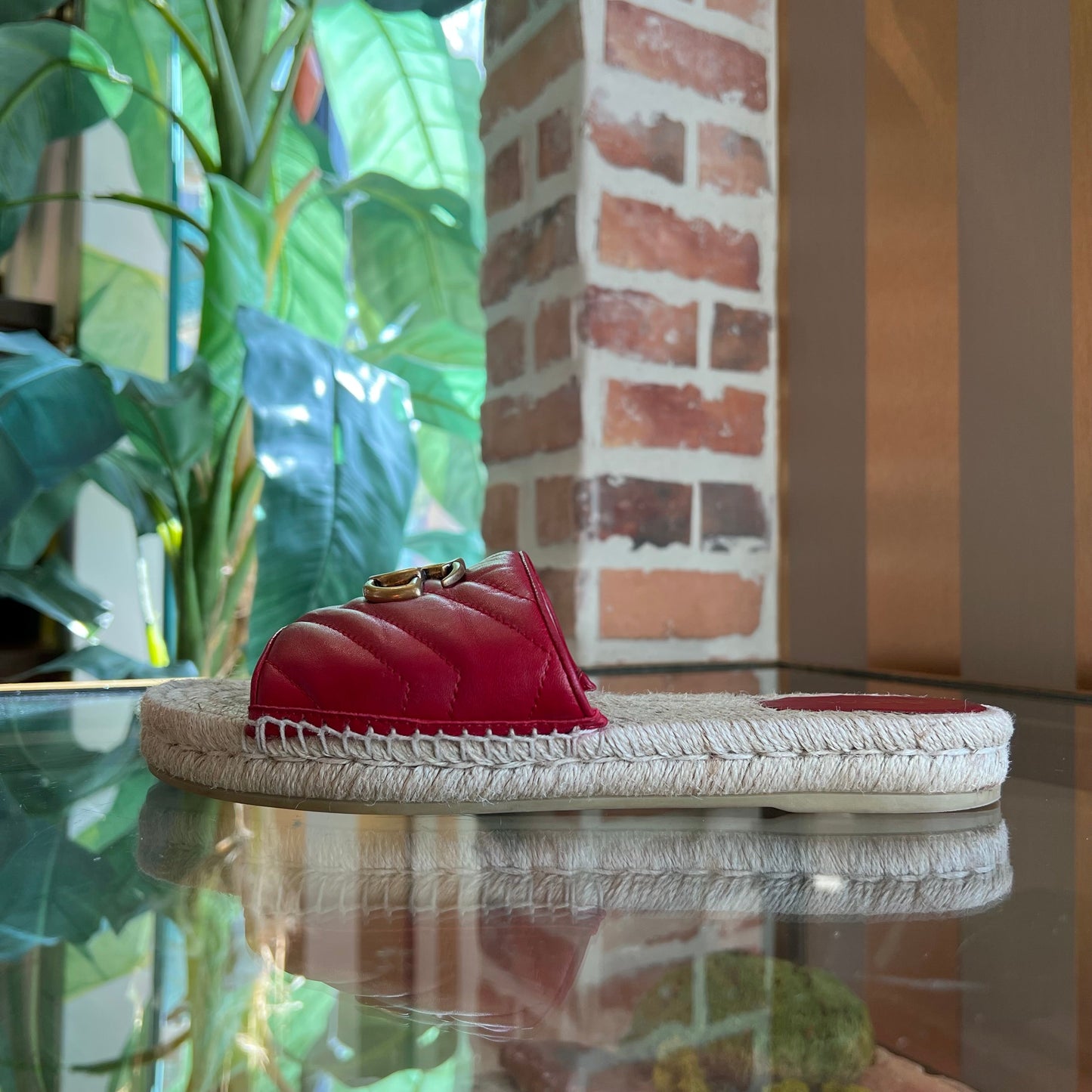 GUCCI Red Nappa Matelasse GG Marmont Espadrille Slides Sandals SZ39.5(9.5US)