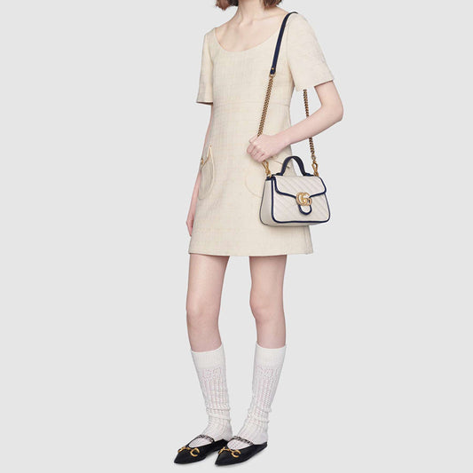 (WMNS) GUCCI GG Marmont Gold Logo Colorblock Leather Chain handbag Mini White / Blue Retro 583571-0OLFX-9085