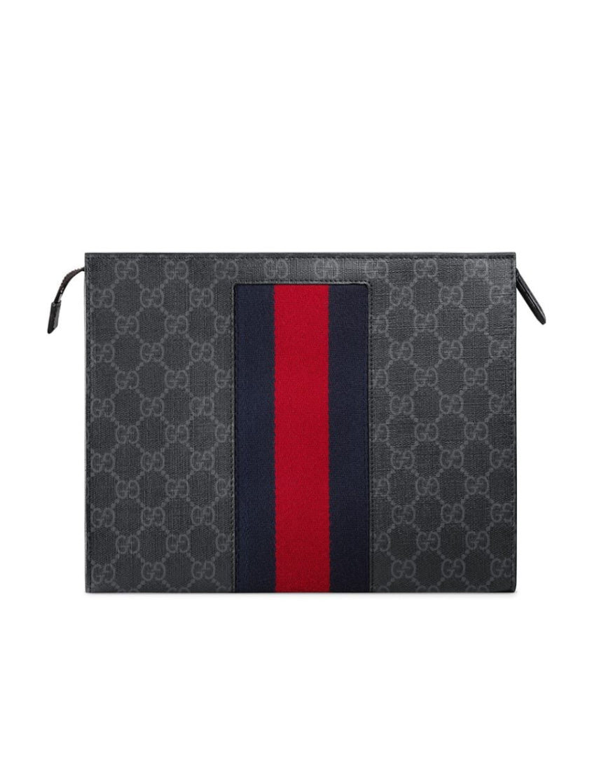 Gucci GG Supreme canvas clutch bag with striped webbing