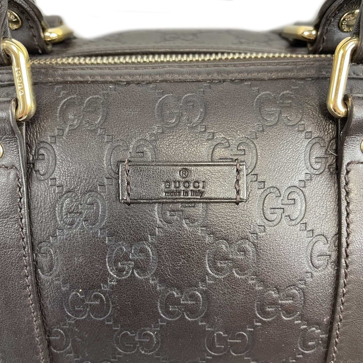 GUCCI - Embossed Leather Monogram Speedy Medium Brown Top Handle Bag