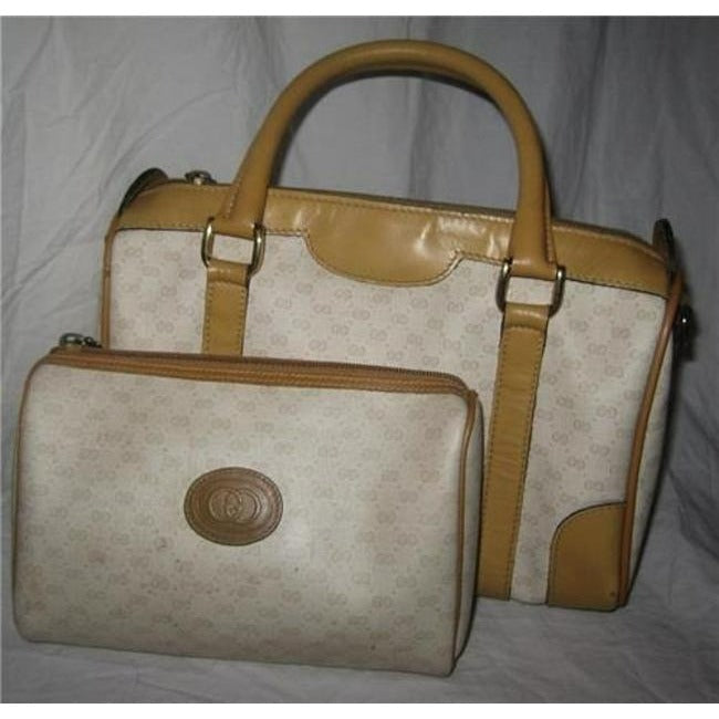 Gucci Vintage Camel Leather And Small G Logo Print On Ivory Coated Canvas