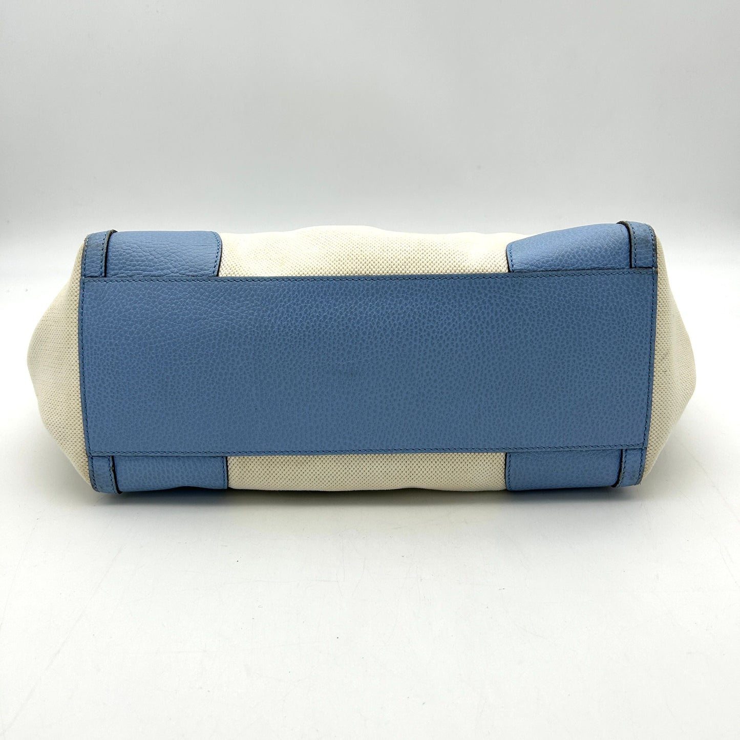 GUCCI Linen Canvas Calfskin Swing Top Handle Bag Mineral Blue LA15121
