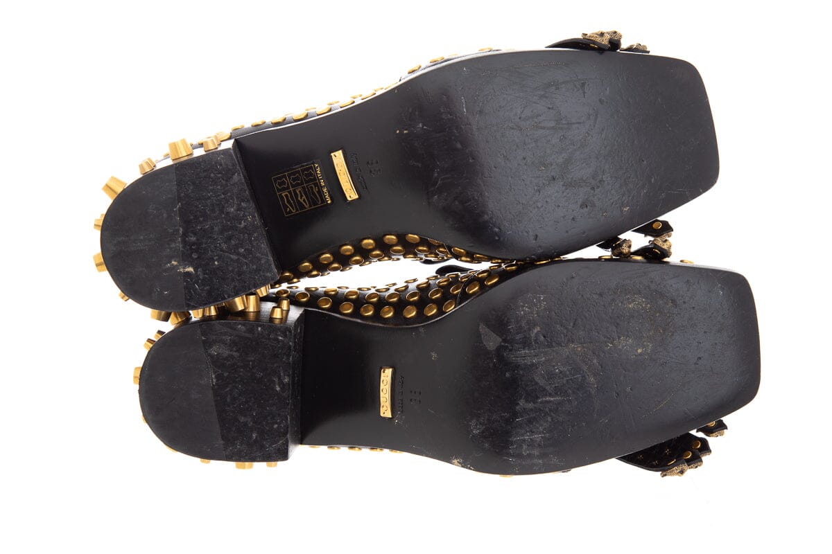 Gucci Black and Gold Studded Polly Leather Heeled Loafer SZ 38
