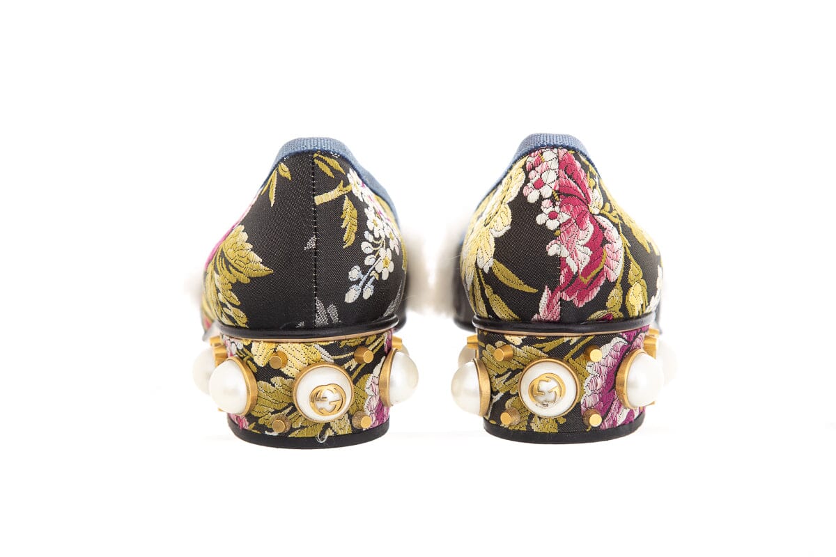 Gucci Black Multi Color Floral Kimberly Jacquard Heel SZ 38