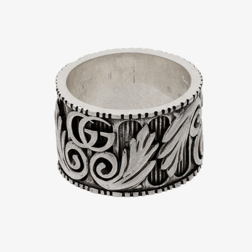 Gucci Double G Sterling Silver Leaf Motif Ring