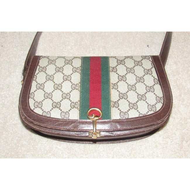 Gucci Horsebit Vintage Line Purses Brown Large G Logo Print Canvas And Brown Leather With A Red And