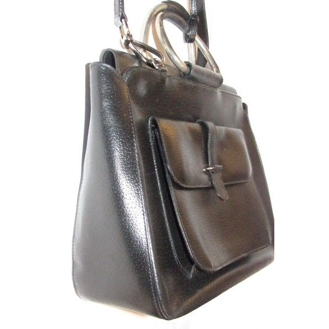 Gucci W Bamboo Line Two Removable Strap Black Leatherchrome Satchel