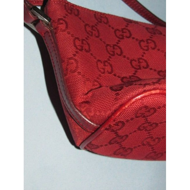 Gucci Pouchette Red Large G Logo Print Canvas And Leather Hobo Bag