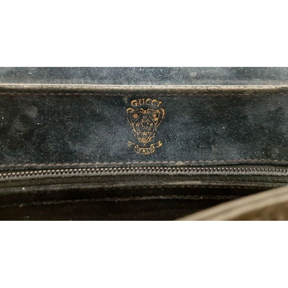 Gucci navy suede clutch w a round buckle accent