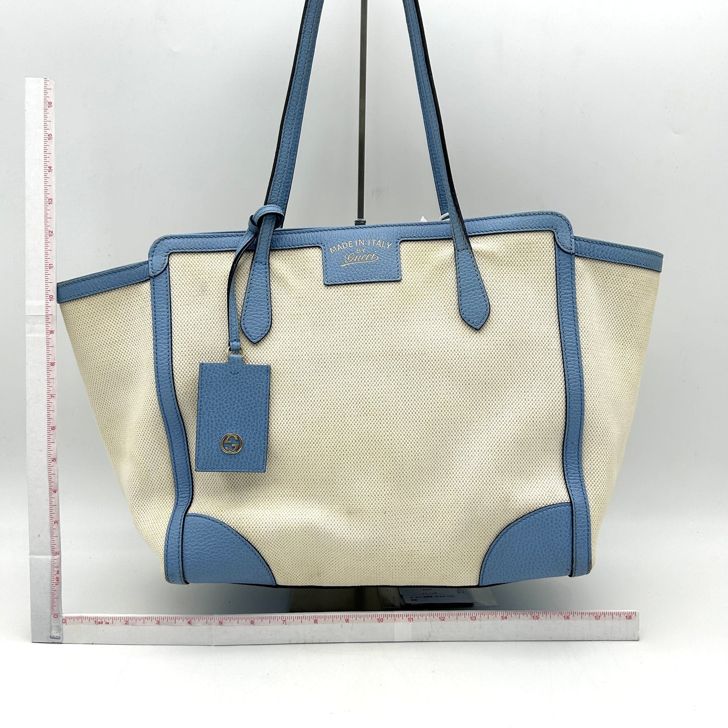GUCCI Linen Canvas Calfskin Swing Top Handle Bag Mineral Blue LA15121