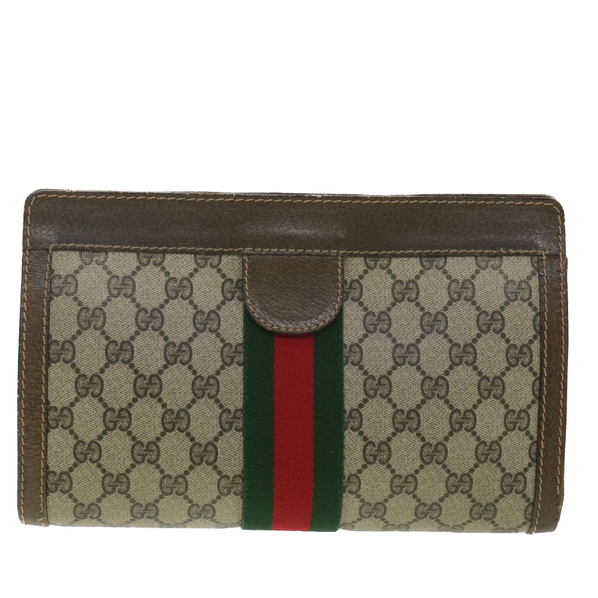 GUCCI GG Canvas Web Sherry Line Clutch Bag Beige Red Green 010.378  36471