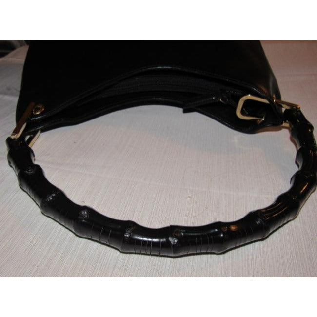 Gucci Vintage Pursesdesigner Purses Black Leather With V Top And Bamboo Handle Hobo Bag