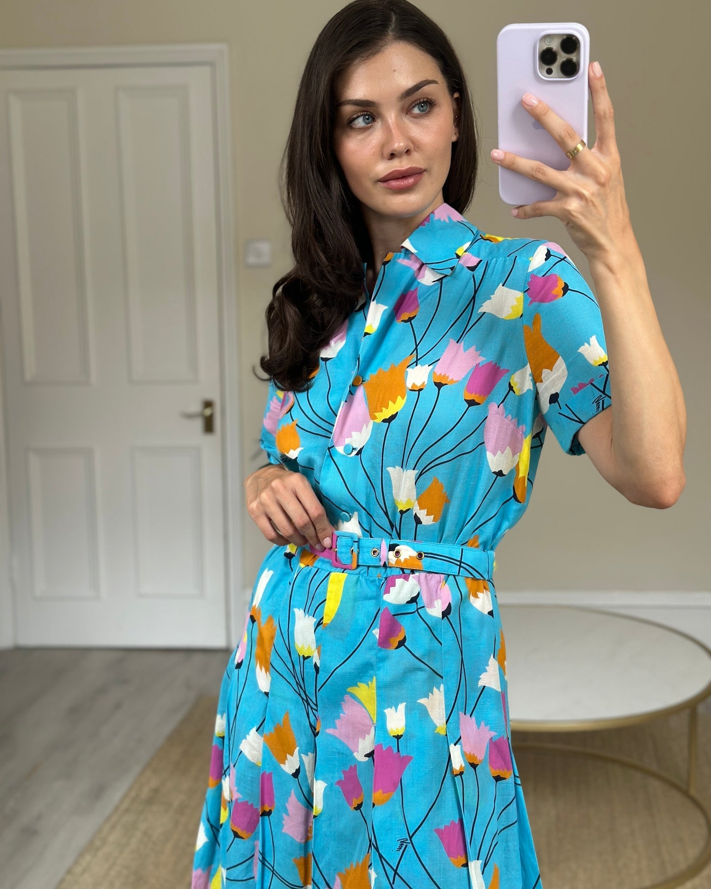 Gucci Blue Floral Linen Blend Belted Midi Dress Size IT 40 (UK 8)