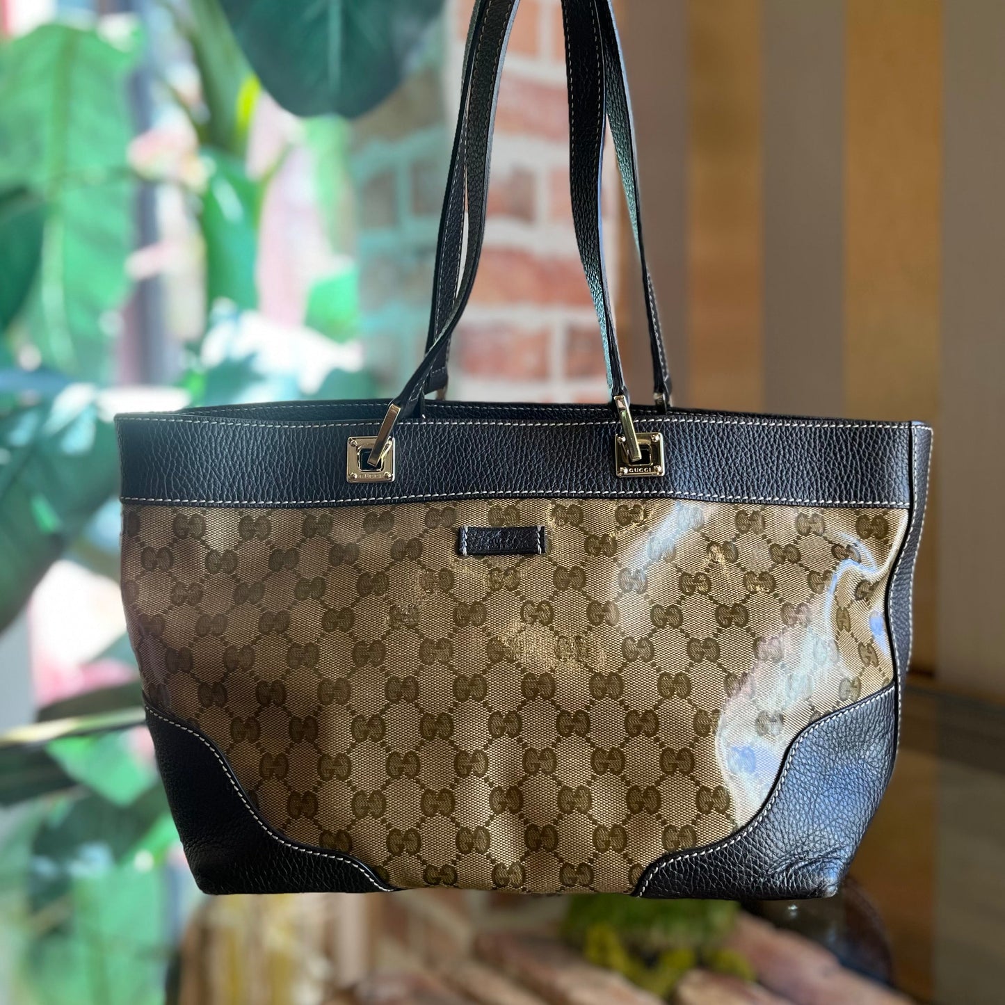 GUCCI Beige Brown GG Crystal Canvas Tote Bag