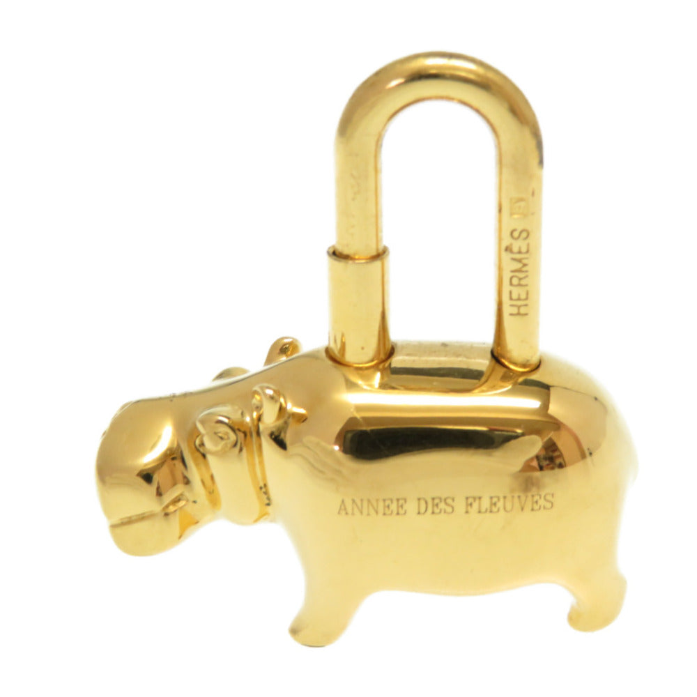 HERMES key ring metal gold ANNEE DES FLEUVES Hippopotamus Bag Charm Women Used