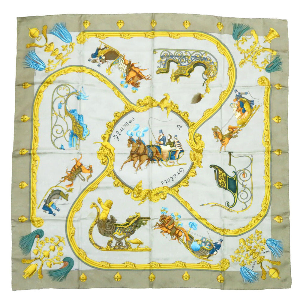 HERMES scarf silk beige Carre90 Plumes et Grelots Feathers and bells