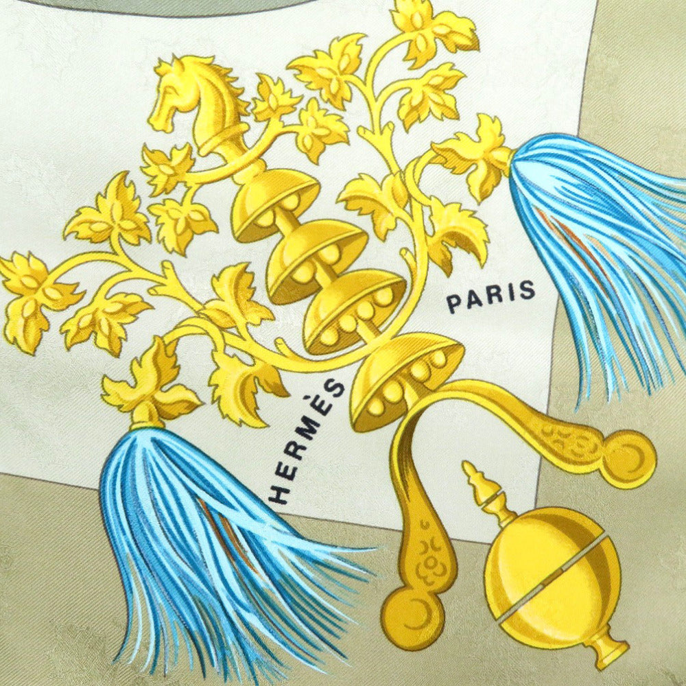 HERMES scarf silk beige Carre90 Plumes et Grelots Feathers and bells