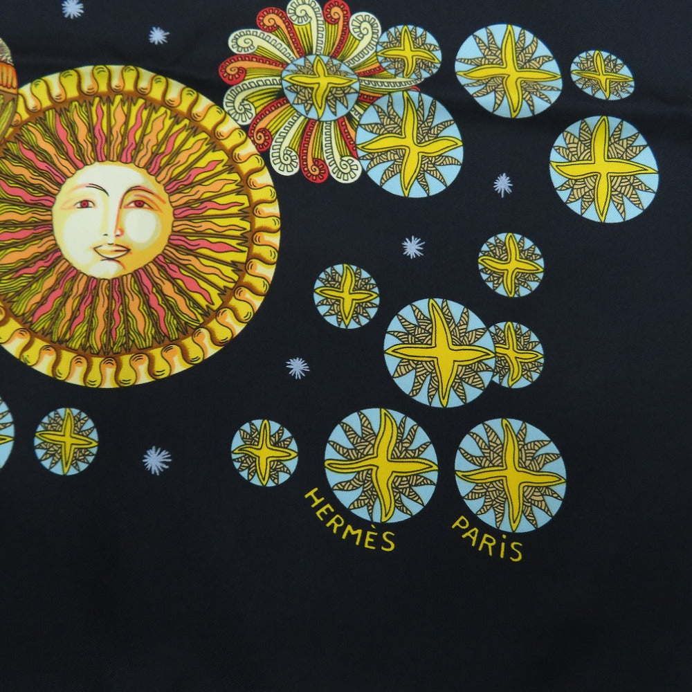 HERMES scarf silk black Carre90 LE ROY SOLEIL Sun King