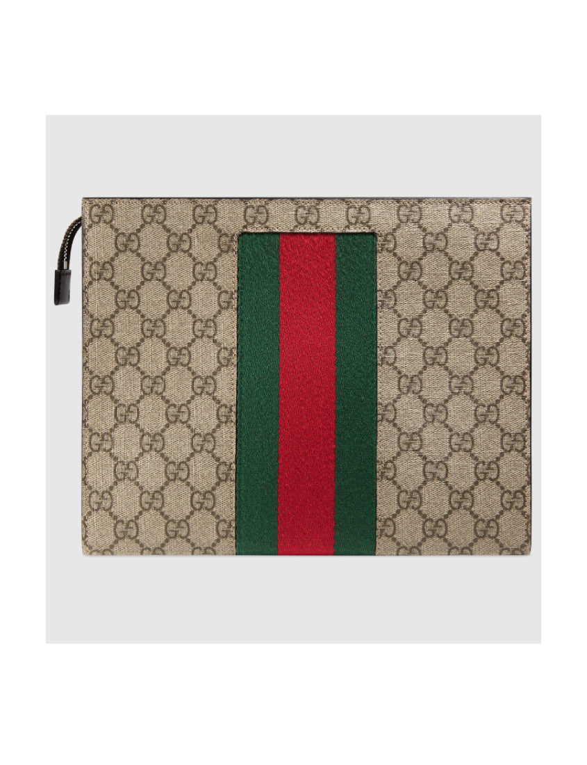 Gucci GG Supreme canvas clutch bag with striped webbing