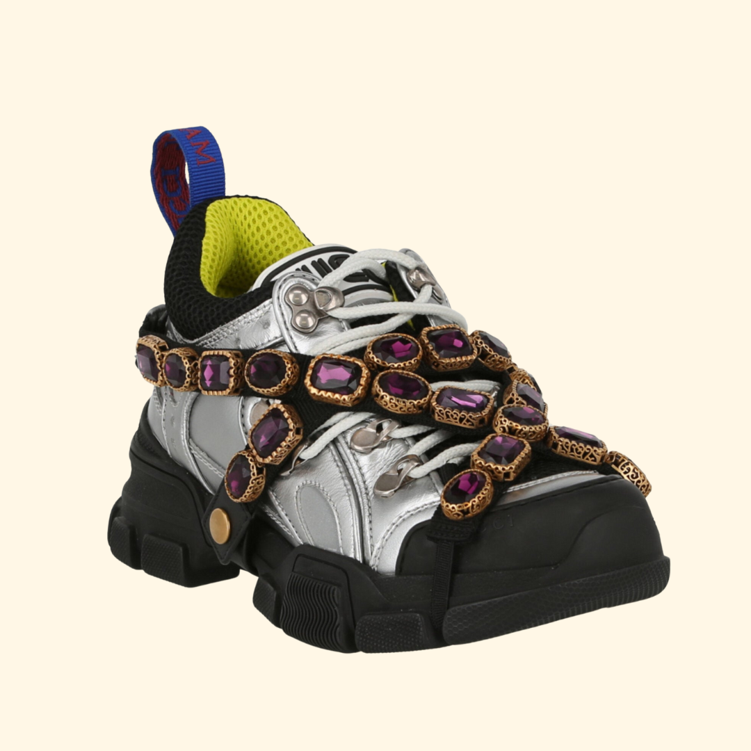 Gucci Flashtrek Chunky Leather Sneakers, Silver,