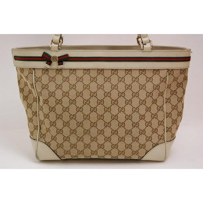 Gucci Vintage Brown Large Logo Print Canvas And White Leather With Red And Green