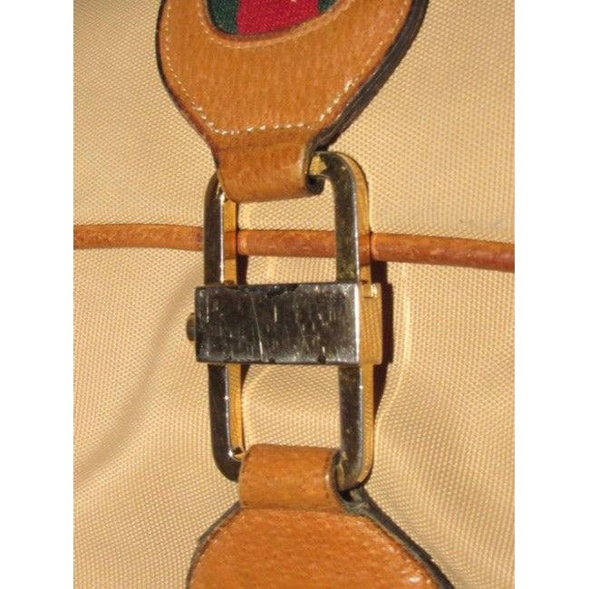 Gucci Tan & Brown Leather Jackie Satchel w Red & Green Sherry Stripe