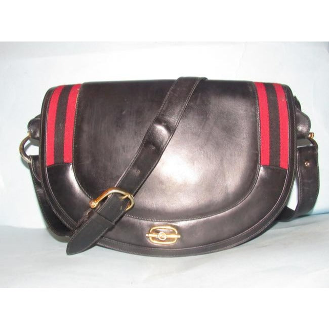 Gucci Early Saddle With Sherry Stripes Black Leather And Gg Leather Shoulder Bag