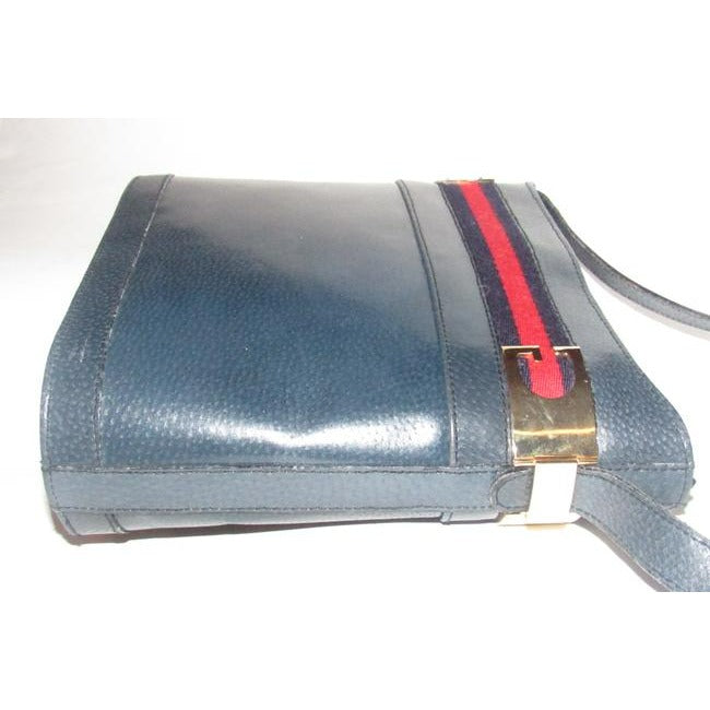 Gucci Blue Hard Boxy Leather Bucket Bag w red/blue stripe