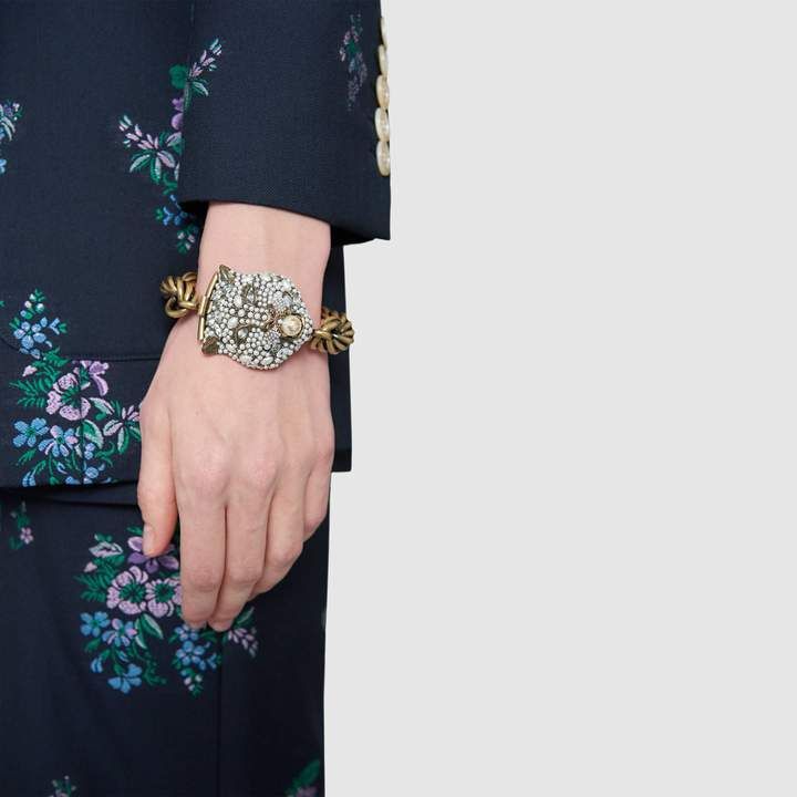 Gucci Chunky Feline Head Bracelet with Crystals in Gold