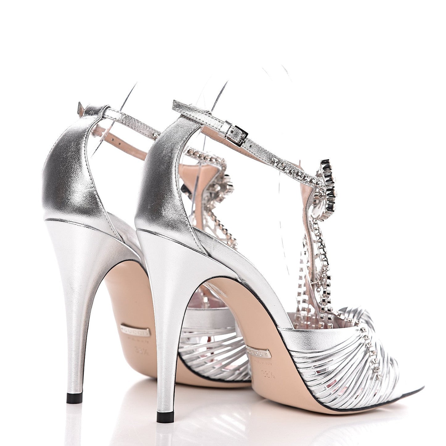 Gucci Napa Silk Crystal Crawford Strap Sandal in Silver