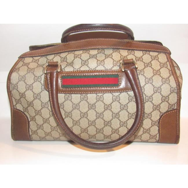 Gucci Xl W Guccissima Print Canvasleather Stripe Brown Coated Canvas And Leather Satchel