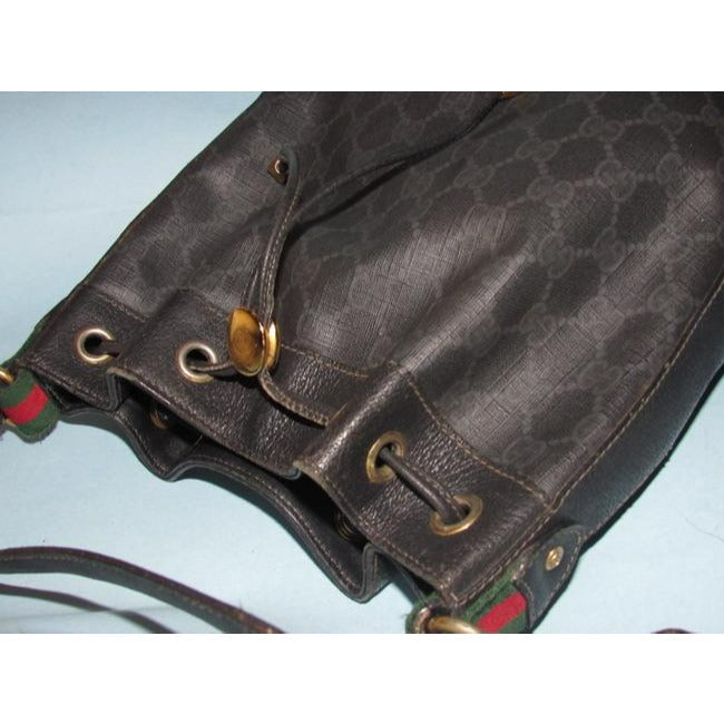 Gucci Black Guccissima Print Leather Bucket Bag W red & green Striped Accent