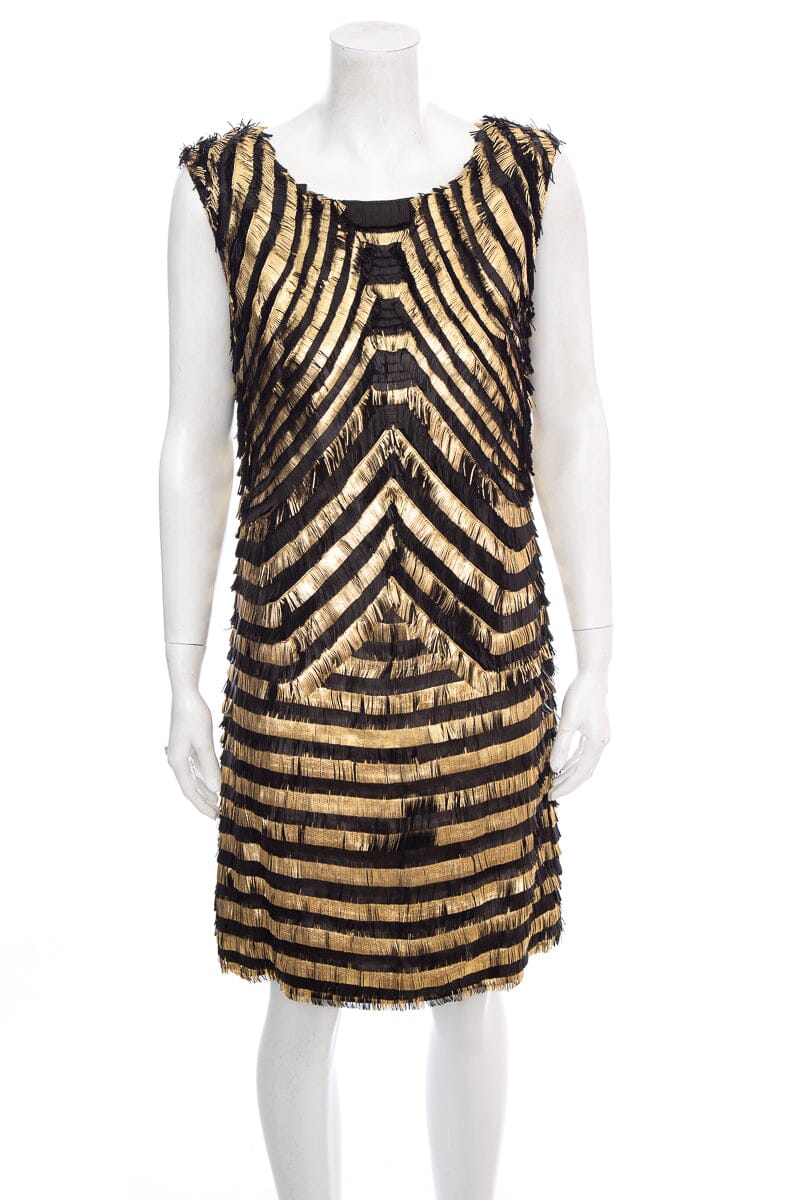 Gucci Black and Gold Leather Fringe Shift Sleeveless Dress