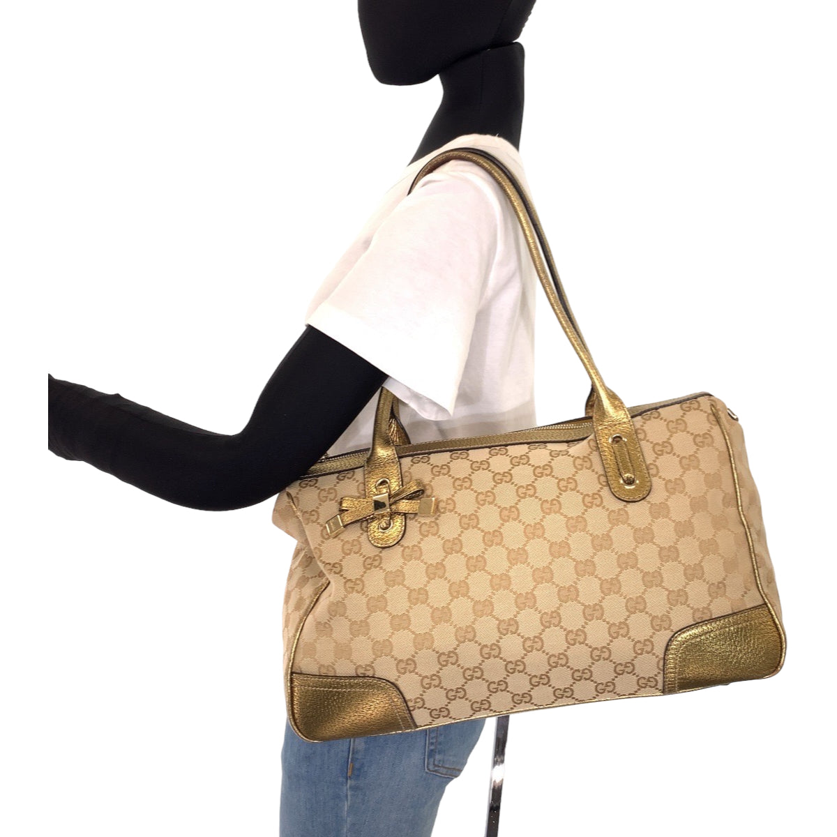 GUCCI Tote Bag 177052 GG canvas, leather gold Tote Bag Shoulder Bag Handbag Pretty Women Used