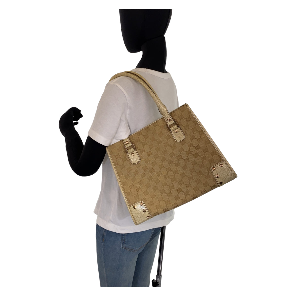 GUCCI Tote Bag 214397 Canvas, Leather Beige Ivory Gold Metal Tote Bag Shoulder Bag GG canvas Women Used