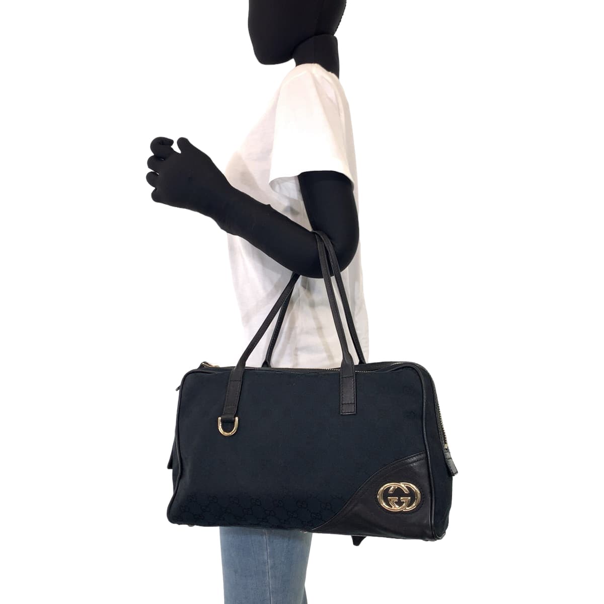 GUCCI Tote Bag 169971 GG canvas, leather Black GoldMetal Tote Bag handbag Newbrit Interlocking Medium Shelly Women Used