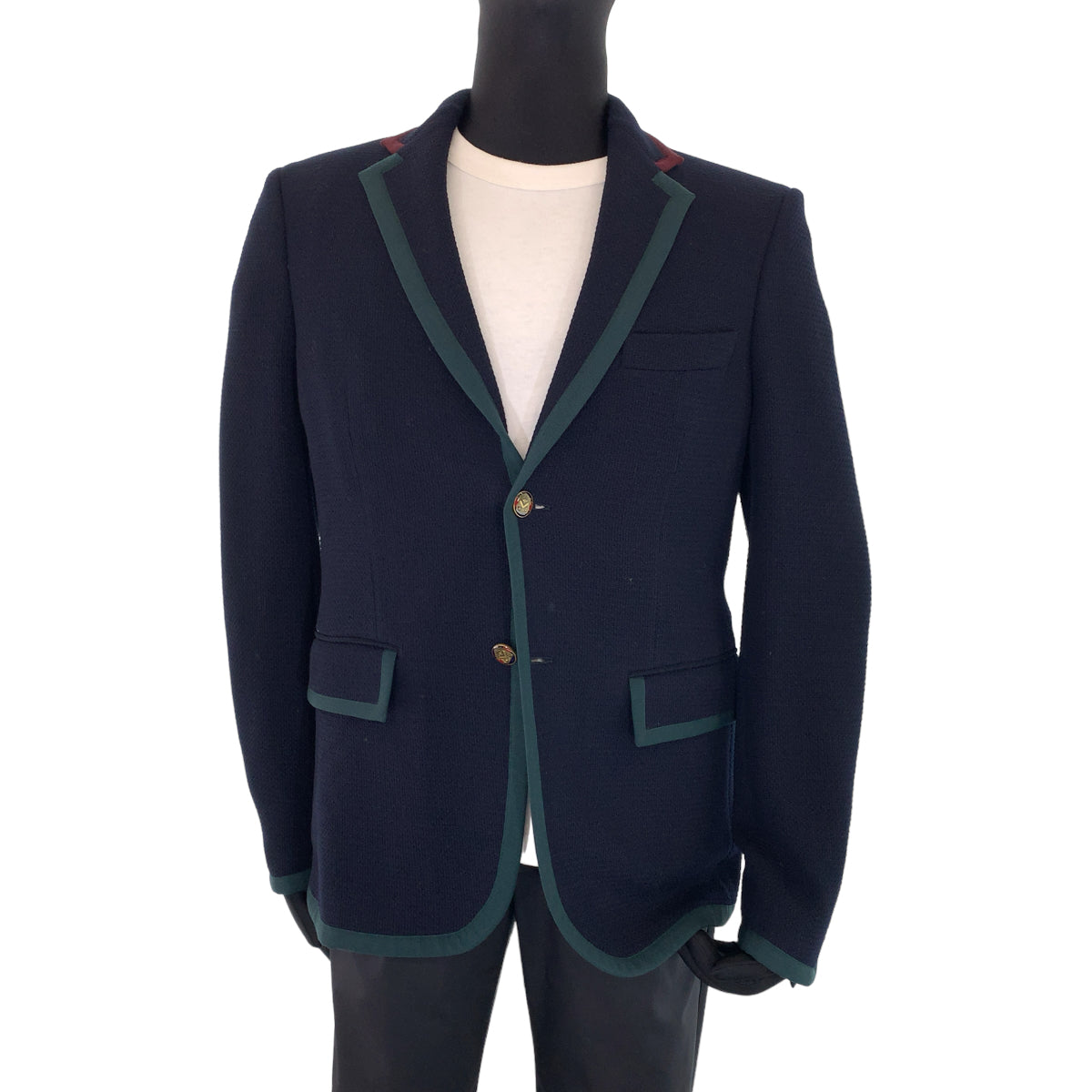 GUCCI tailored jacket 502525 wool Navy green red tailored jacket logo emblem button mens 48 Used